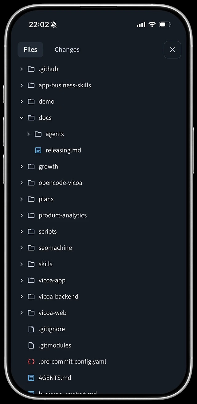 Browsing the repository file tree in the T-Ex LLM mobile app